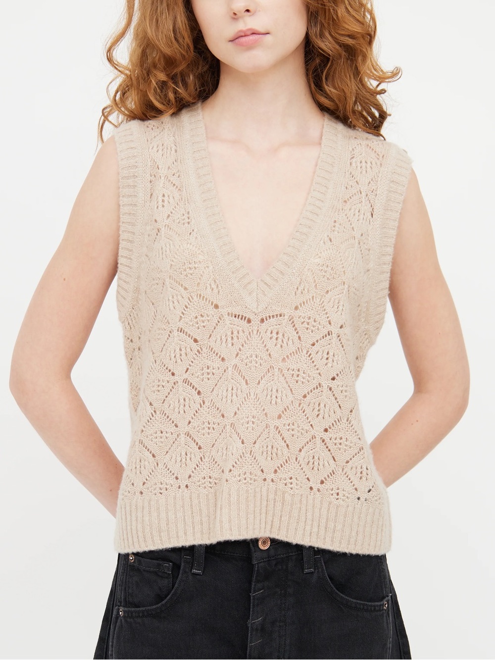 ME+EM Merino Cashmere Silk Merino Wool Knit Lace Stitch Sweater Vest Size Medium